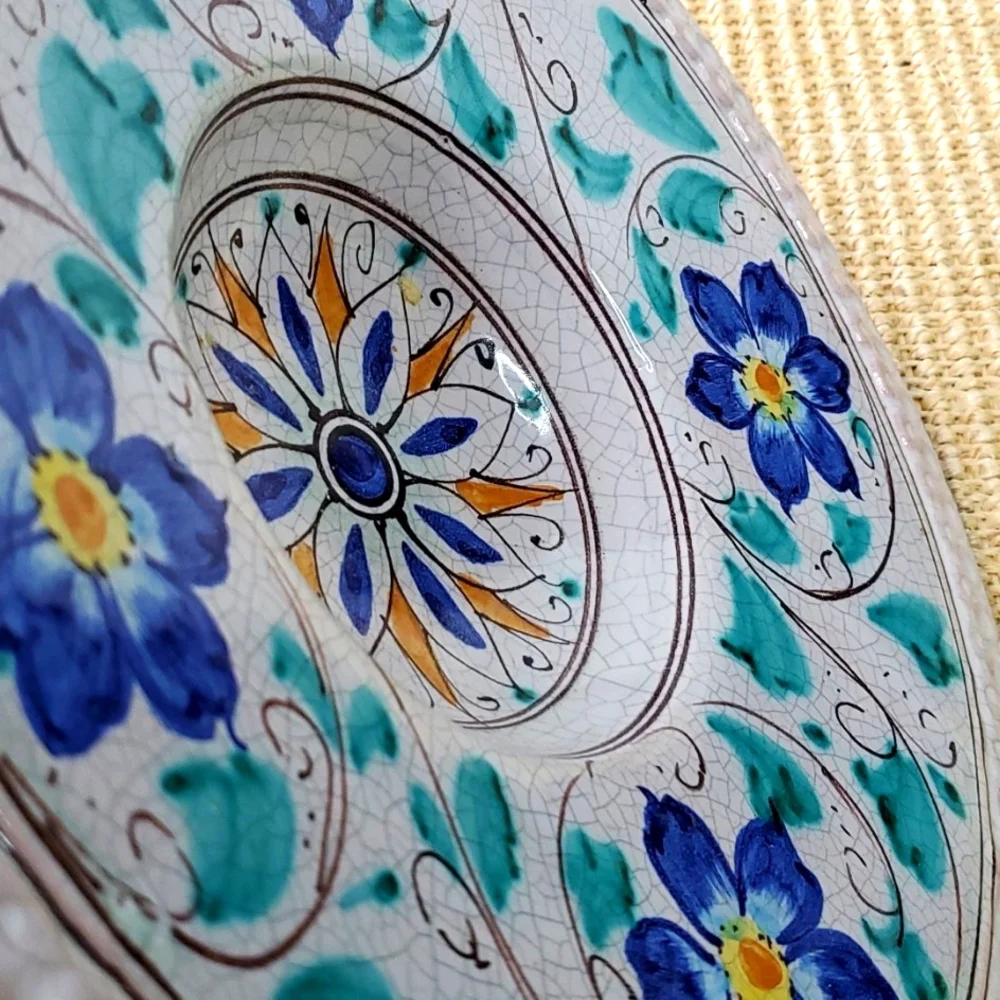 Floral Italian Handpainted Serving Plate Blue and Green Glazed Ceramic